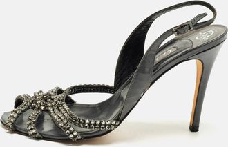 Gina Size 40.5 Grey Patent Leather Crystal Embellished Slingback Sandals