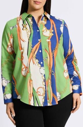 Foxcroft June Status Chain Cotton Button-Up Shirt in Green Multi at Nordstrom Rack, Size 14W