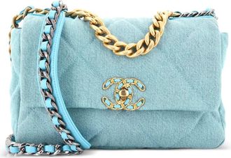 Chanel Borsa a spalla 19 media in denim trapuntato con battente - Blu
