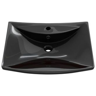Berkfield Home Elegant Black Luxury Ceramic Basin Rectangular with Overflow & Fa