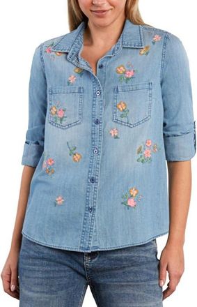 BILLY T Sunset Floral Embroidered Shirt in Washed Blue at Nordstrom, Size X-Large