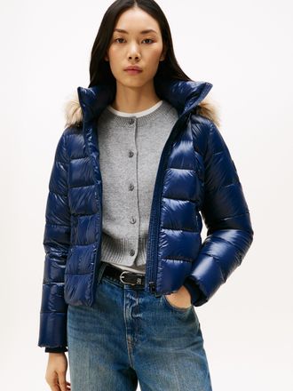 Tommy Hilfiger Steppjacke TOMMY HILFIGER GLOSS HW DOWN SLIM JACKET W FUR, Damen, Gr. XXL (44), blau (schwarz night navy), Steppware, Obermaterial: 100% Nylon, unifar