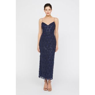 Theia Elsy Textured Tulle Spaghetti Straps Beaded Sheath Dress in Navy at Nordstrom, Size 10