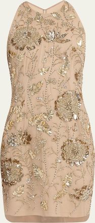 Aidan Mattox Floral Bead & Sequin Halter Mini Dress