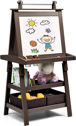 Costway Costway - Pizarra De Doble Cara Para Ni&ntilde;o Caballete De Infantil Tablero De Pie Con 2 Cajas De Almacenamiento,rollo De Papel Y Estantes (color Caf&eacute;)