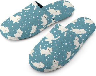 Generic Cute White Cats Mens Slippers Flannel Warm House Shoes with Rubber Anti-Slip Sole Slip On for Home Outdoor