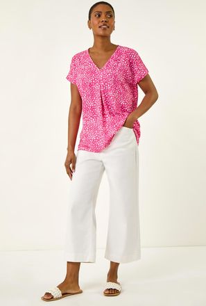 Roman Spot Print V-Neck Pleat Front Top
