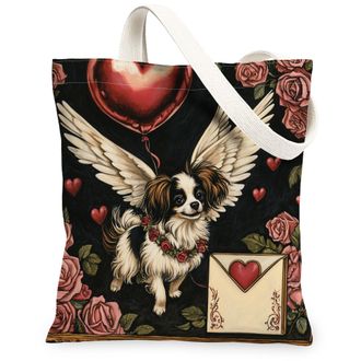 Generic Valentines Day Pug Dog Canvas Tote Bag for Shopping 13x15, Vintage Puppy Reusable Grocery Print Bag for Women, Retro Lover Beach Aesthetic Painting Gi