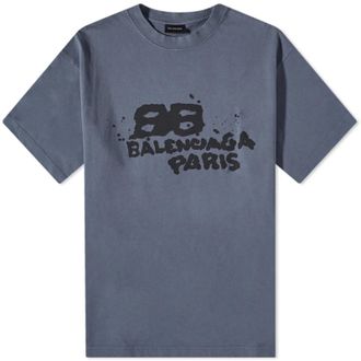 Balenciaga Mens Hand Draw BB Icon Logo T-Shirt in Blue Cotton - Size X-Small