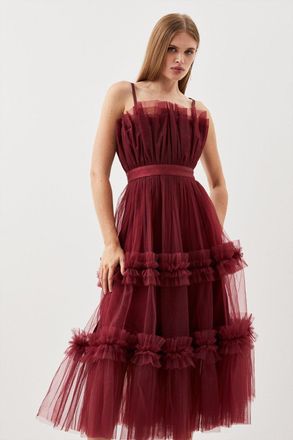Karen Millen Womens Tulle Bandeau Tiered Midi Dress - Purple - Size 10 UK