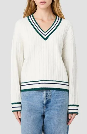 French Connection Aleyna Striped V-Neck Cable Sweater in Porcelain Cream/teal/marine at Nordstrom, Size X-Small