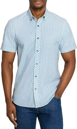 ConStruct Slim Fit Zig Zag Woven Short Sleeve Basic Shirt in White/green at Nordstrom, Size Xx-Large