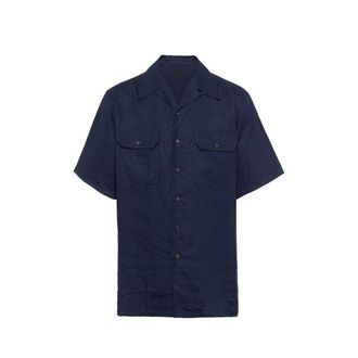 Prada Blue Linen Shortsleeve Mens Shirt