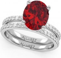 Allurez Oval Cut Ruby with Hidden Halo Bridal Ring Set 14K White Gold (4.29ct)