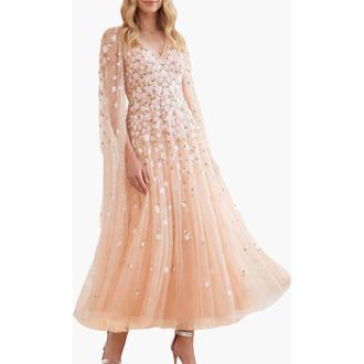 Needle & Thread Camellia Ditsy Cape Sleeve Ankle Gown in Apricot Blush/multi at Nordstrom, Size 14