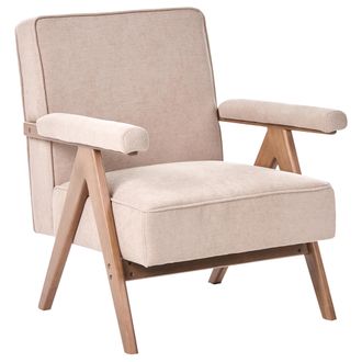 Beliani Sill&oacute;n De Sala De Estar Retro Tapizado En Tela De Lino Sint&eacute;tico Estructura De Madera Beige Evje