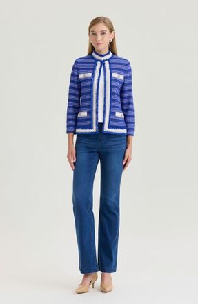 Ming Wang Heritage Ribbon Fringe Trim Knit Jacket in Sapphire Sea/limestone at Nordstrom, Size X-Large
