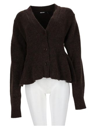 Rotate Deep V-Neck Brown Knit Sweater With Flared Hem