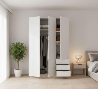 Dmora Armario Dbarro, Perchero Para Dormitorio, Armario Con 3 Puertas Batientes Y 3 Cajones, 121x52h184 Cm, Blanco Y Roble - Dmora