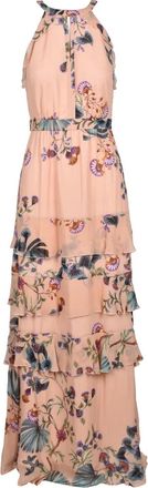 Nenette Pink Halter Neck Tiered Viscose Chiffon Maxi Dress