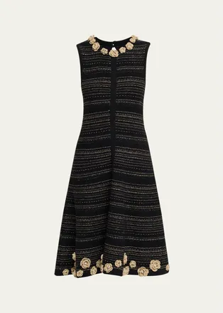 Teri Jon Striped Crochet Floral Applique Midi Dress