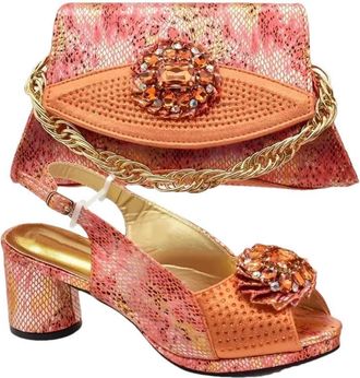 Generic Womens Luxury Shoe and Bag Set Thick Heel Shoes and Gold Chain Handbag Sparkly Rhinestone Flowers Mesh Decoration