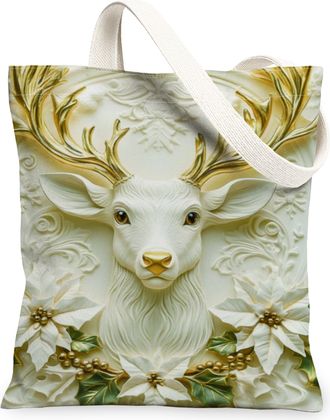 Generic Christmas Deer Canvas Tote Bags, Floral Design Reusable Grocery Bags, Winter Lightweight Washable Shoulder Strap Canvas for Travel Beach Picnic 13x15 
