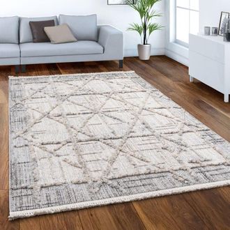 Paco Home Paco Home - Alfombra Pelo Corto Salon Motivo Boho Chic Dibujo Geometrico 3D Flecos Crema ø 120 cm redon