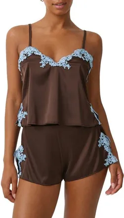 Kat The Label Cinderella Lace Trim Stretch Satin Camisole in Espresso at Nordstrom, Size Xx-Large
