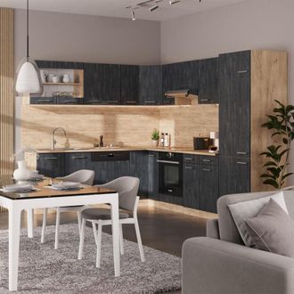 Vicco Cocina Esquinera R-line, Hormig&oacute;n Negro/roble Dorado, 227 X 287 Cm Sin Encimera, Vicco