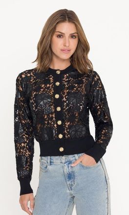 Generation Love Erin Vegan Leather Lace Cardigan in Black, Floral at Nordstrom, Size X-Small