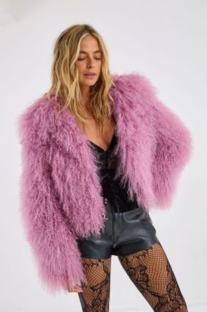 NASTY GAL Womens Real Mongolian Wool Shearling Jacket - Pink - Size 6 UK