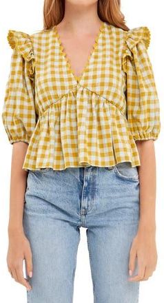 English Factory Rickrack Trim Check Top in Mustard at Nordstrom Rack, Size X-Small