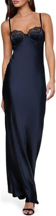 L'agence Shayla Lace Trim Silk Satin Maxi Slipdress in Midnight at Nordstrom, Size 8