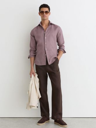 Reiss Mauve Pink Linen Cutaway-collar Regular-fit Shirt, Xxl