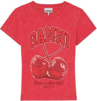 Ganni Red Graphic Crew Neck T-Shirt