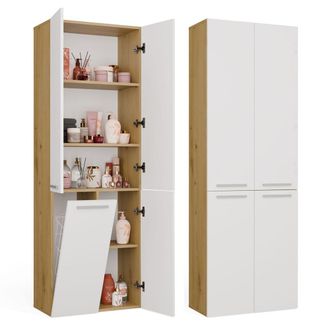 Topeshop Nel 1k Dd - Mueble De Ba&ntilde;o - 5 Estantes, Cesto De La Ropa - 60x174x30 Cm - Roble Artisan Blanco
