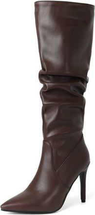 Generic Womens Knee-High Boots, Elegant PU Long Shaft Boots with Pleated Look And Pointed Toe Plus Size High Stiletto Heel Slip-On Shoes for Autumn And Winter