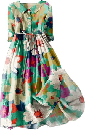 Generic Cotton Linen Dresses for Women UK Sale Floral Print Loose Vintage Dress Button Lace Up 3/4 Sleeve Summer Midi Dress V-Neck Casual Comfy Holiday Long D