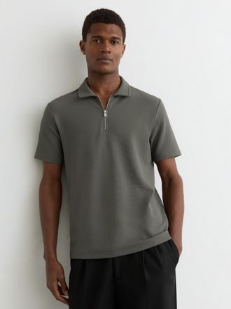 Reiss Sage Green Half-zip Textured Polo Shirt, Xxl