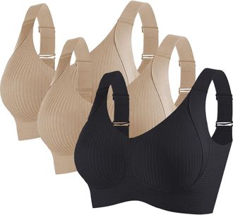 Generic HAOLEI 3 Pack Ladies Sports Bra Non Wired Seamless Ribbed Gather Bras for for Sagging Breasts Comfort Super Soft Wireless Push Up Lushfitting Non Wire