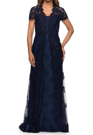 La Femme Scalloped Lace Trumpet Dress In Navy