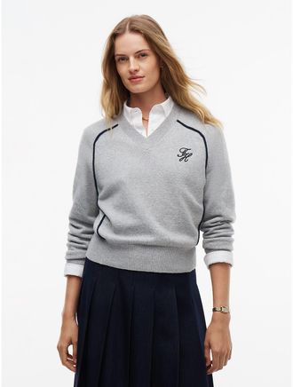 Tommy Hilfiger Womens Script Monogram V-Neck Sweater - Light Grey Heather - XXL