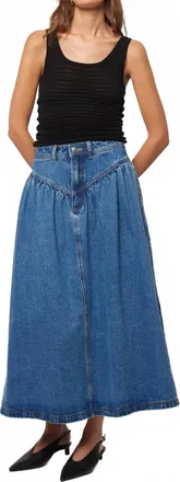 Rolla's Leonie Drop Waist Midi Denim Skirt In River Blue Wash