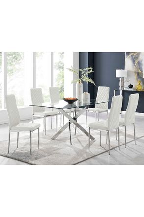 Furniturebox Leonardo Glass & Chrome Metal Dining Table & 6 Milan Chairs Dining Set in White