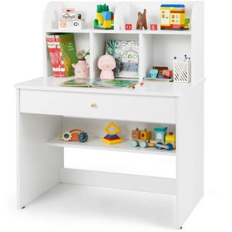 Costway Scrivania per bambini in legno con 5 scomparti, cassetto e ripiano, tavolo da studio con altezza ragionevole di 62 cm e piedini antiscivolo, portata