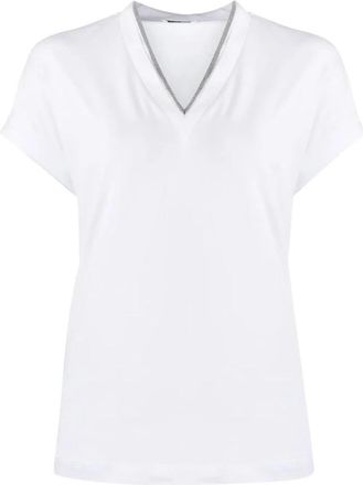 Brunello Cucinelli V-hals T-shirt met Verfraaide Bies - Dames - T-shirts - Wit - L - Katoen - Tops