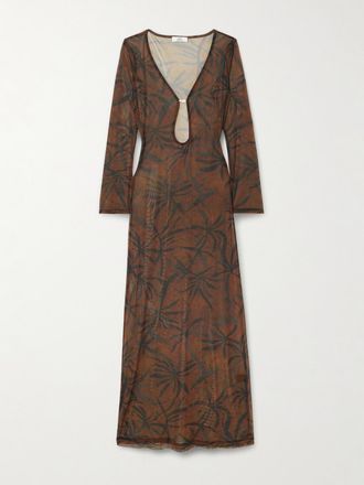 Sara Cristina Copricostume In Tulle Stretch Stampato Con Perla Marina - Marrone