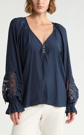 Ramy Brook Irina Lace Trim Long Sleeve Top in Navy at Nordstrom Rack, Size X-Small