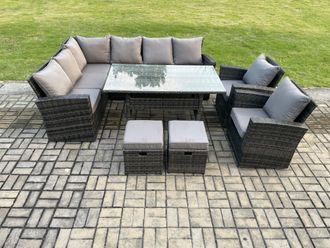 Fimous 10 Seater Garden Rattan Furniture Corner Dining Set with 2 Small Footstools Armchair Indoor Outdoor Lounge Sofa Set Dark Grey Mixed